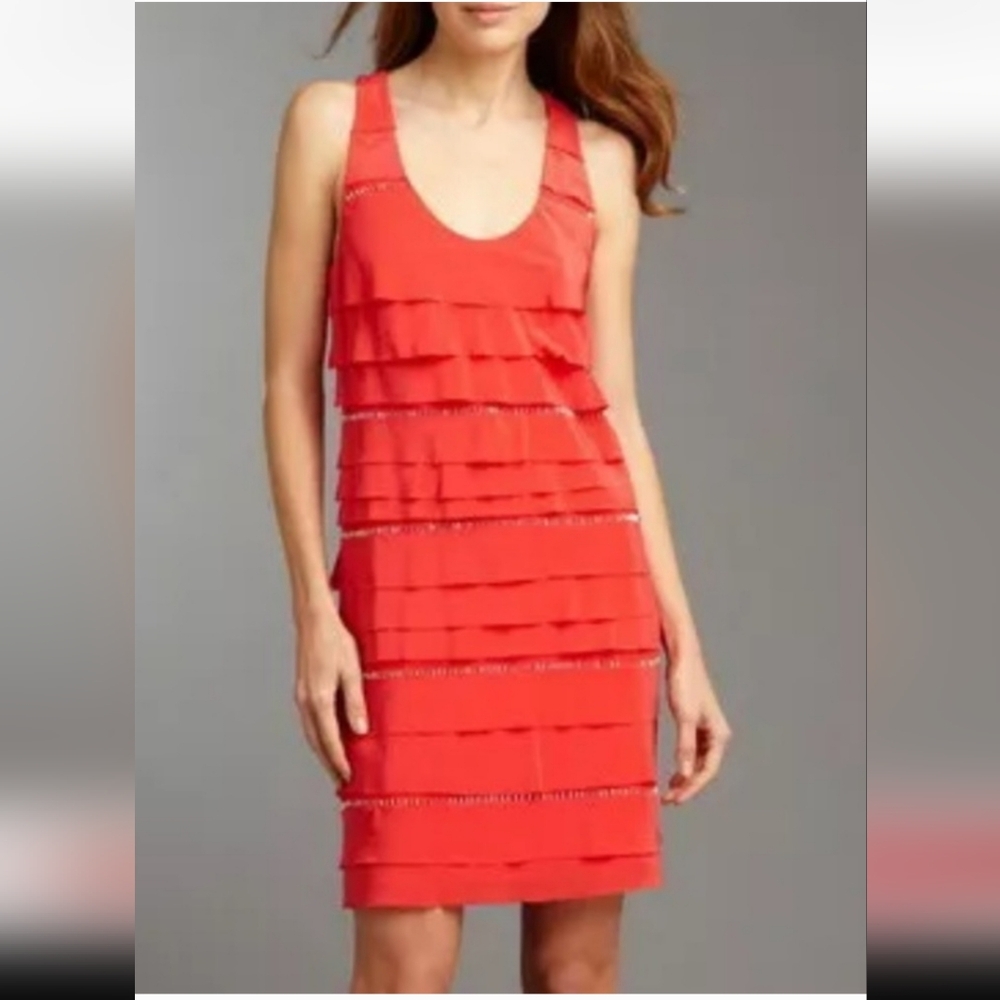 BCBG Orange Pink Ruffled Sheath Mini Dress